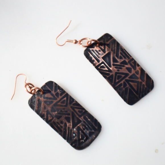 Copper Earrings Embossed Geometric Handmade Tribal - Picture 6 of 6